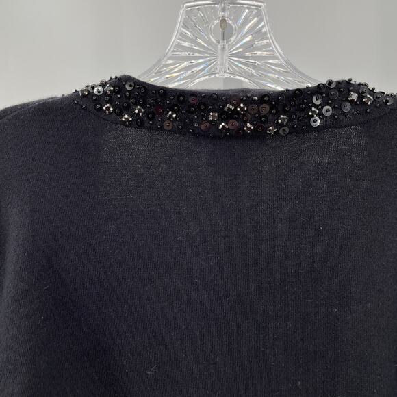 White + Warren Black Silk Blend Beaded Tie Front Cropped Shrug Sweater Size L - Picture 4 of 9